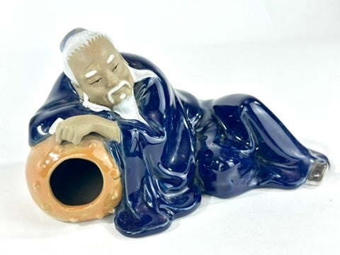 Vintage Chinese Ceramic Li Bai Drunk Poet Reclining Figure Brush Rest Cobalt Blue Glaze 7"