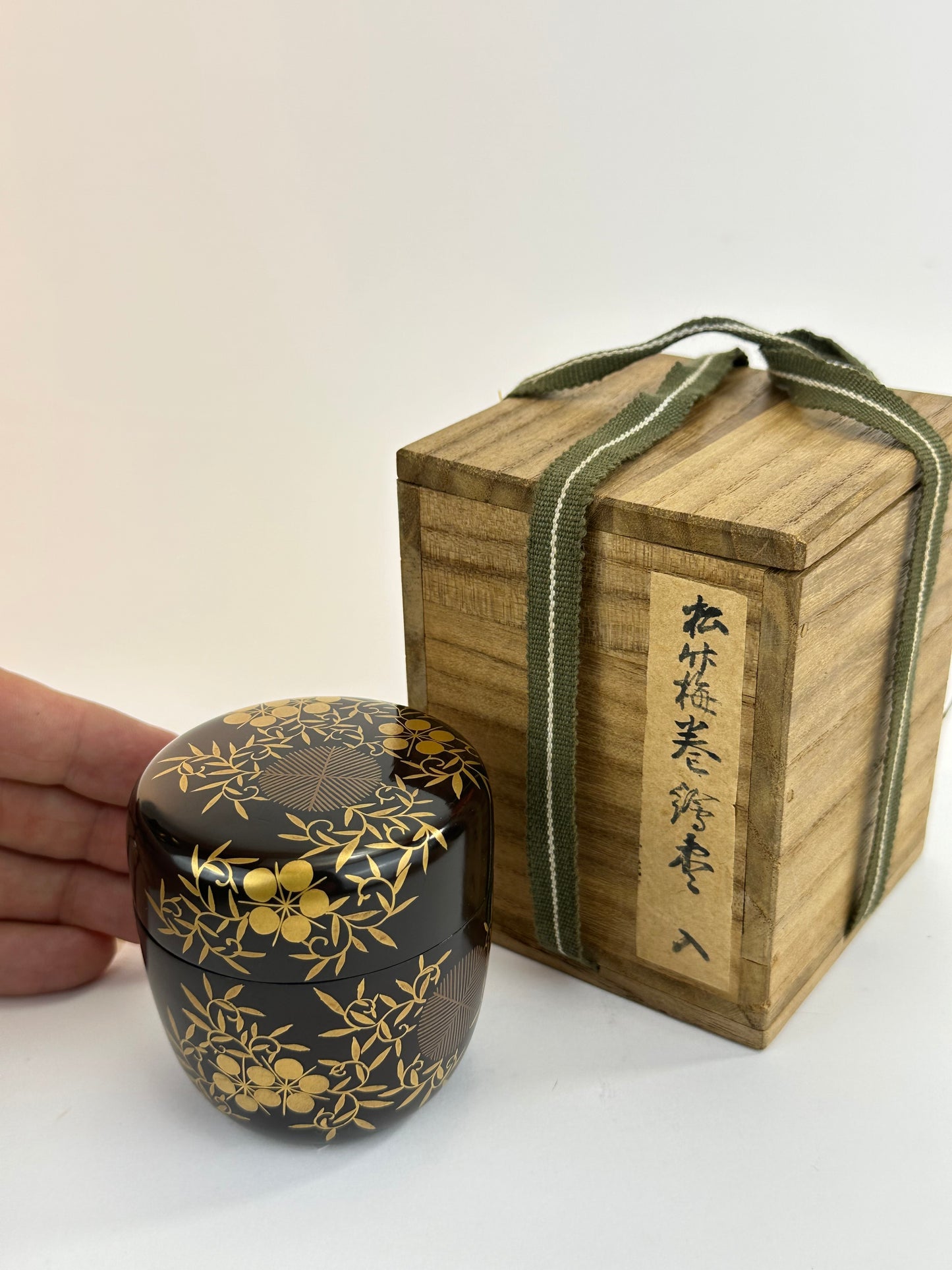 Vintage Japanese Lacquer Tea Caddy Natsume Maki-e Bamboo Plum Pine w/ Box