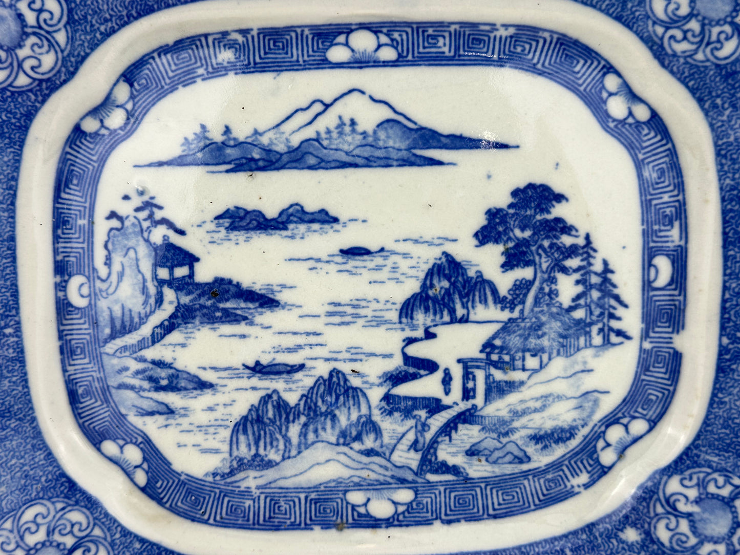 Antique Japanese Late Meiji c1910's Blue & White Porcelain Landscape Platter 10"W