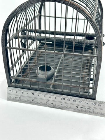 Chinese Vintage Blackened Bamboo Birdcage Barrel Vault Dome Perch Feeder Fret Border 8 Inches