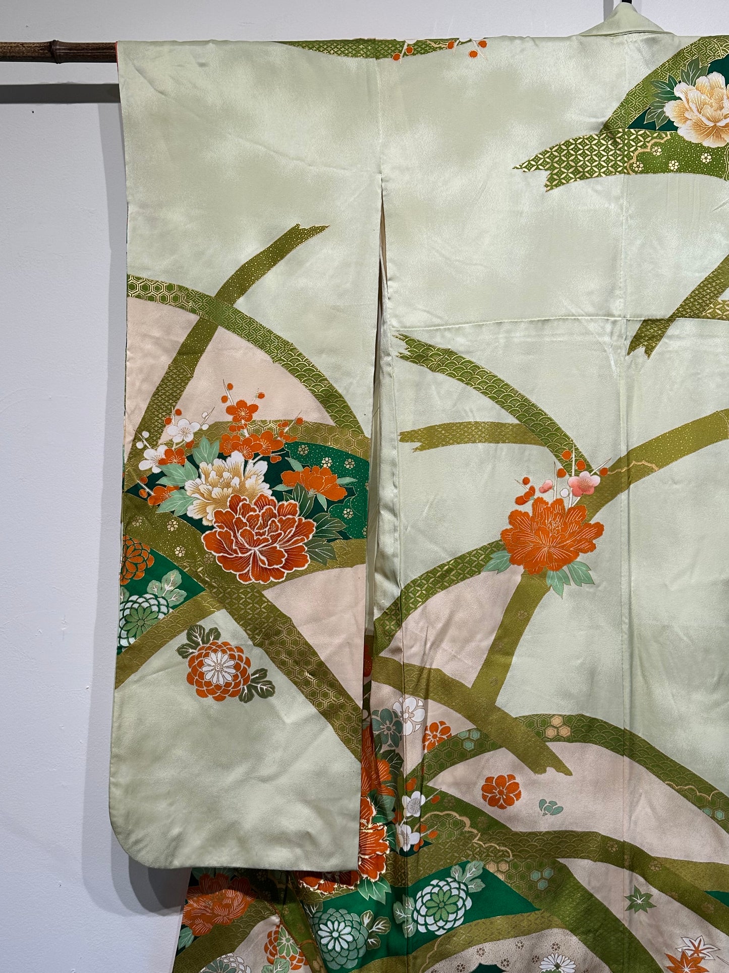 Vintage Japanese Furisode Silk Kimono Soft Green Peonie Motif