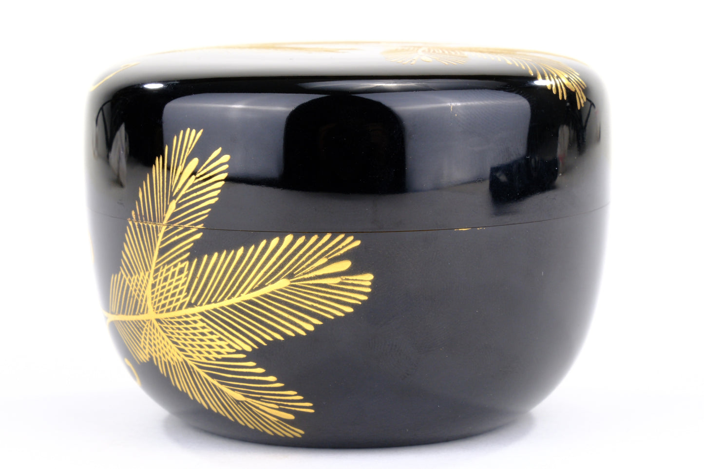 Japanese Tea Ceremony Hira-Natsume Tea Caddy Pine Bows Black Lacquer Gold Makie