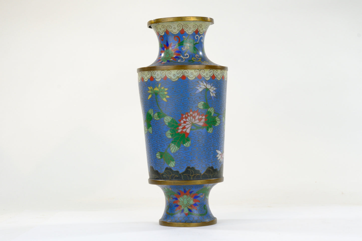 Chinese Cloisonne Enamel Vase Blue Ground Floral Butterfly Brass Paneled Form