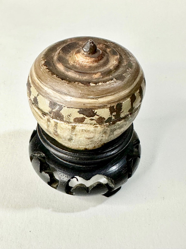 Southeast Asian Stoneware Covered Box Iron Slip Banded Decoration Hardwood Stand 2.5"