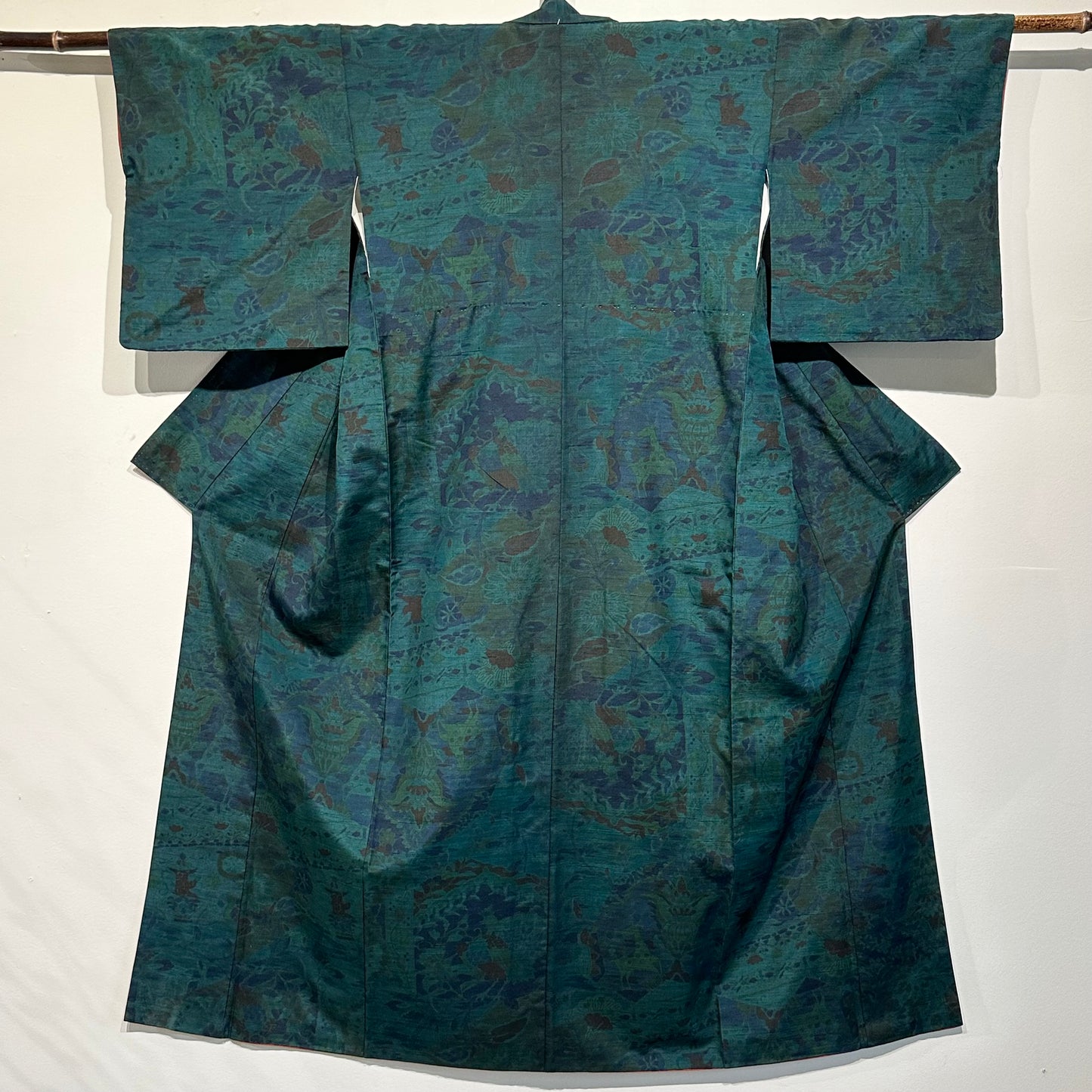 Japanese Tsumugi Silk Kimono Hand Painted Woven Deer & Flower Motif