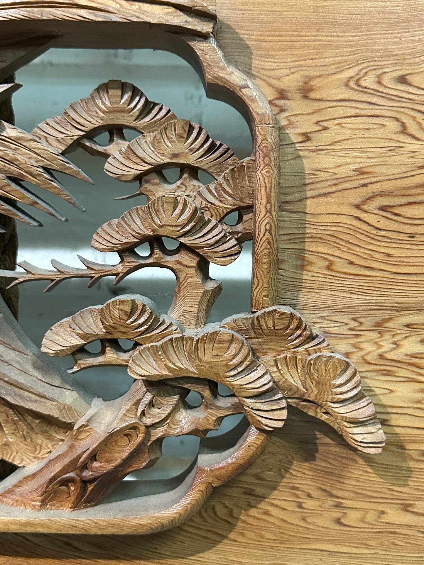 Vintage Japanese Ranma PAIR Eagles & Pines Carved Transom Screen Sugi Wood 73"