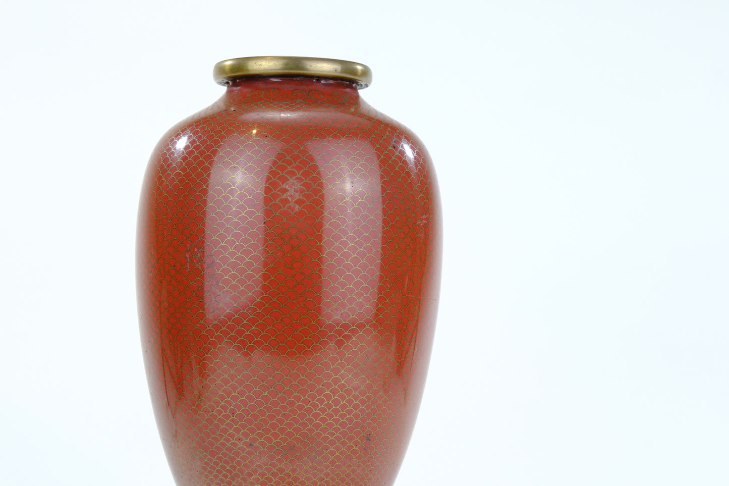Japanese Meiji Cloisonne Enamel Meiping Vase Oxblood Red Uroko Scale Ground 9"H