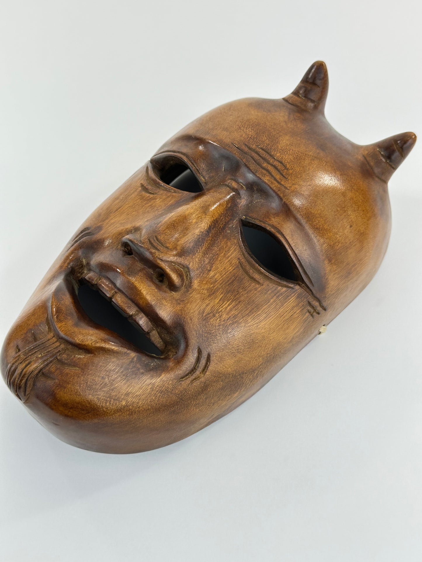 Vintage Japanese c1950's Folk Art Oni Mask Hand Carved Wood Wall Hanging 11"