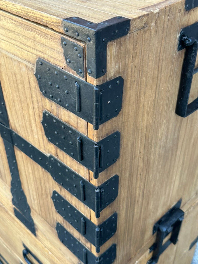 Antique Japanese Meiji Era Ishodansu Kiri Wood Cannon Biraki Tansu Iron Hardware