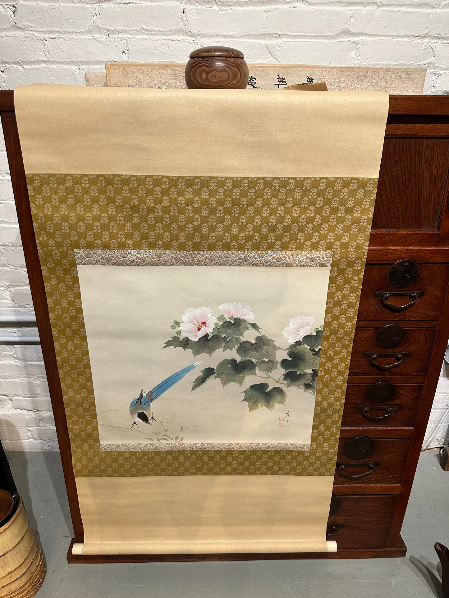 Vintage Japanese Scroll Hand Painted Mid 1900’s Magpie & Hibiscus