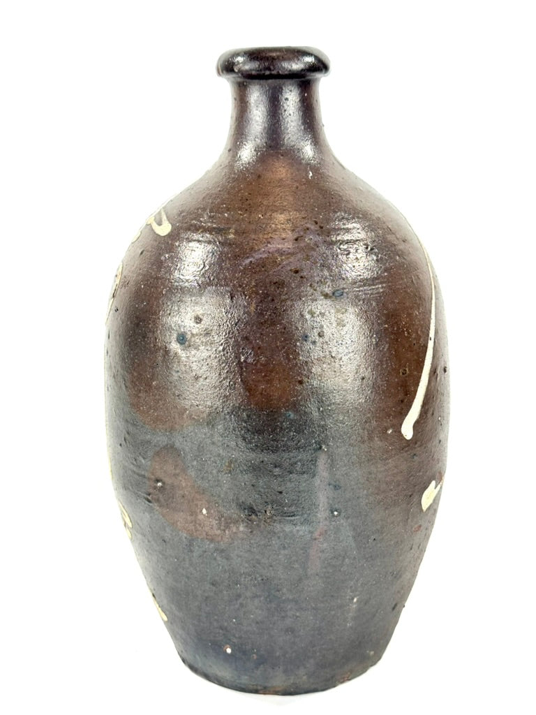 Antique Japanese Meiji Era c1880's Dark Glazed Stoneware Tokkuri Sake Jug White Slip Calligraphy 12"H