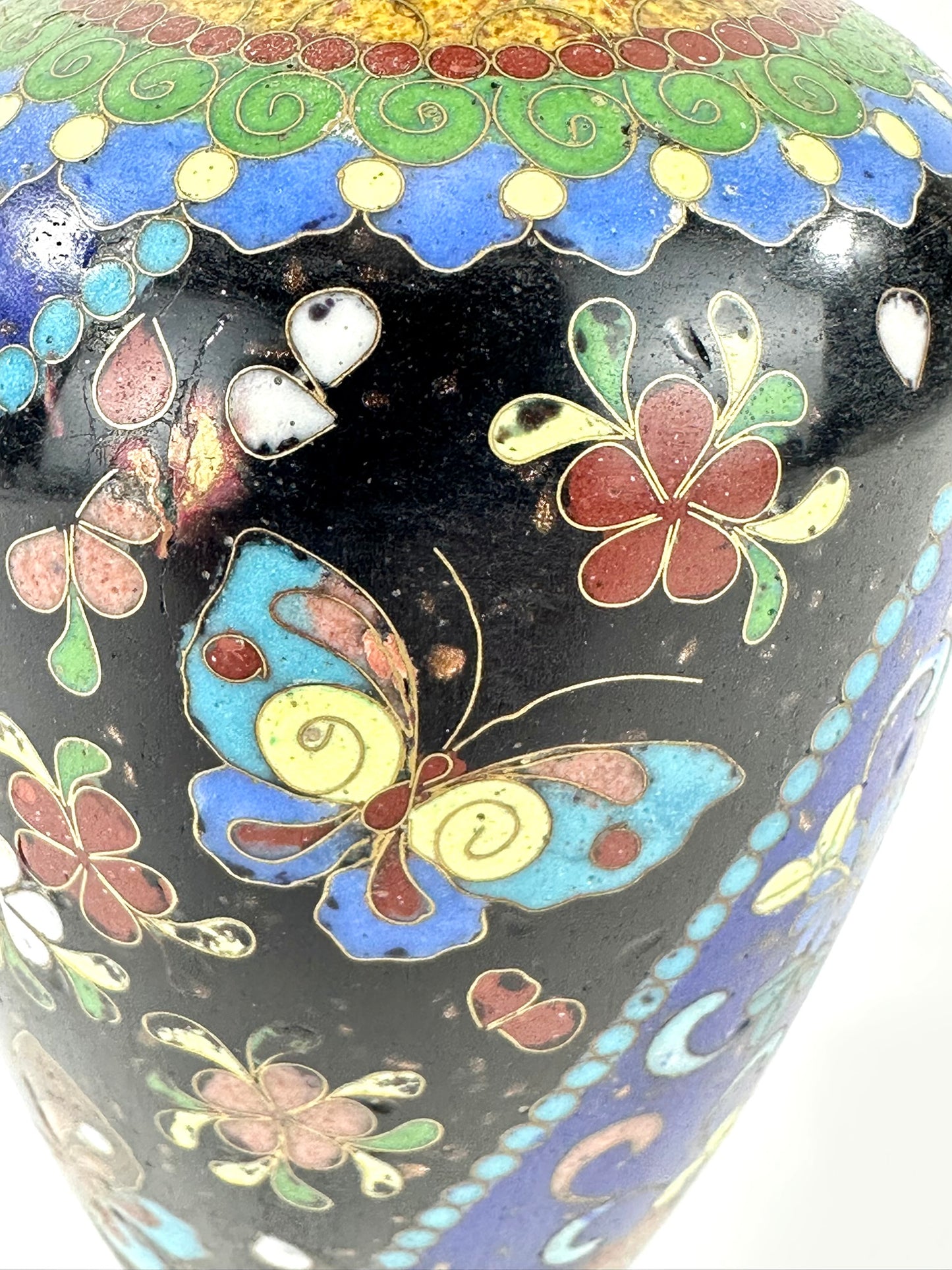 Japanese Meiji Cloisonne Shippo Baluster Vase Cobalt Black Butterfly Floral 5"H