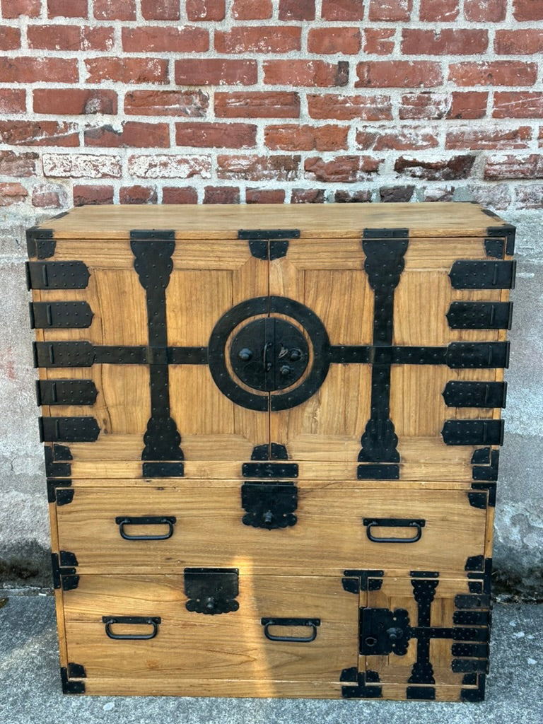 Antique Japanese Meiji Era Ishodansu Kiri Wood Cannon Biraki Tansu Iron Hardware