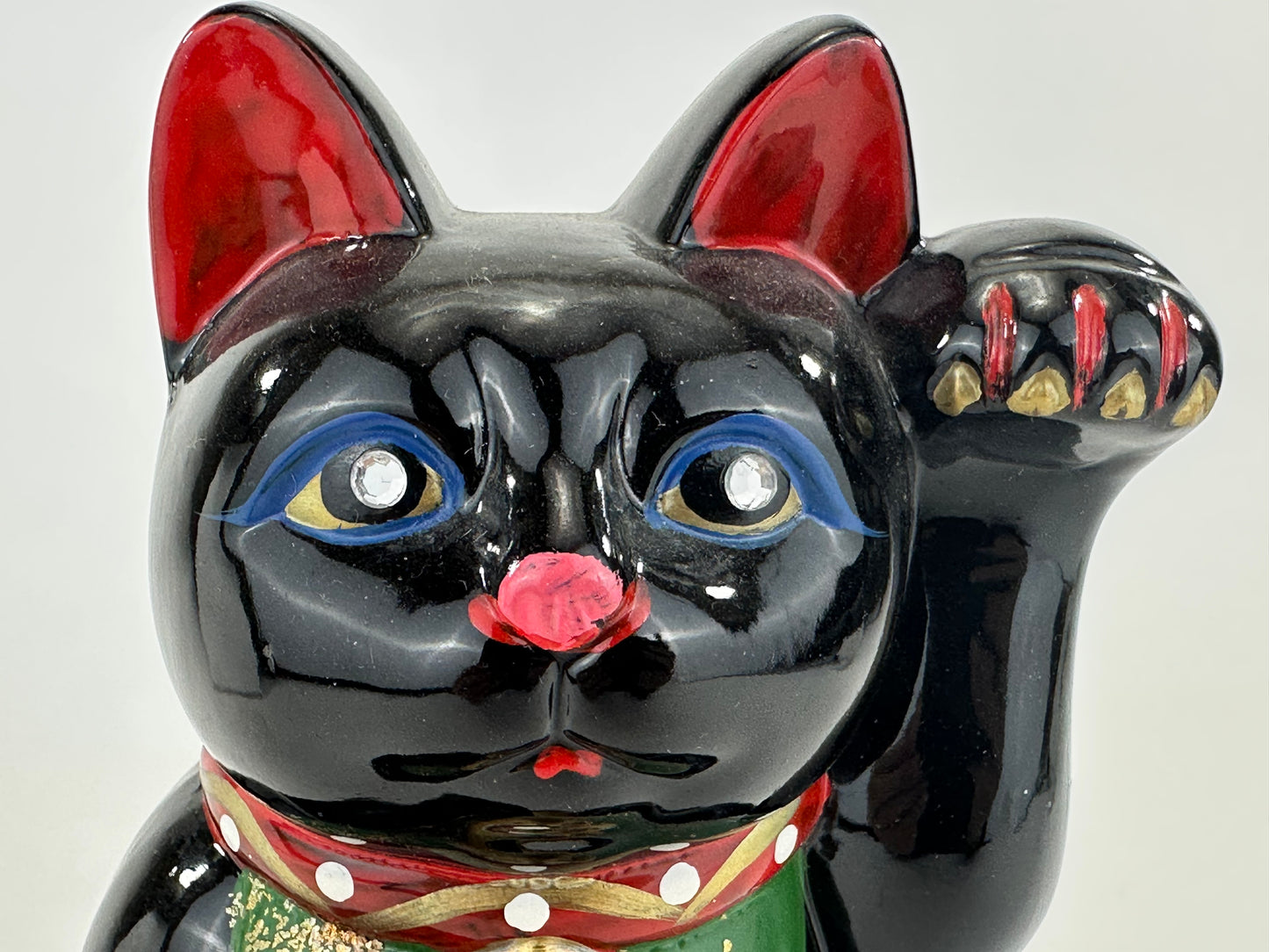 Vintage Japanese Black Ceramic Maneki Neko Fortune Cat Lucky Coin Bank 7"H