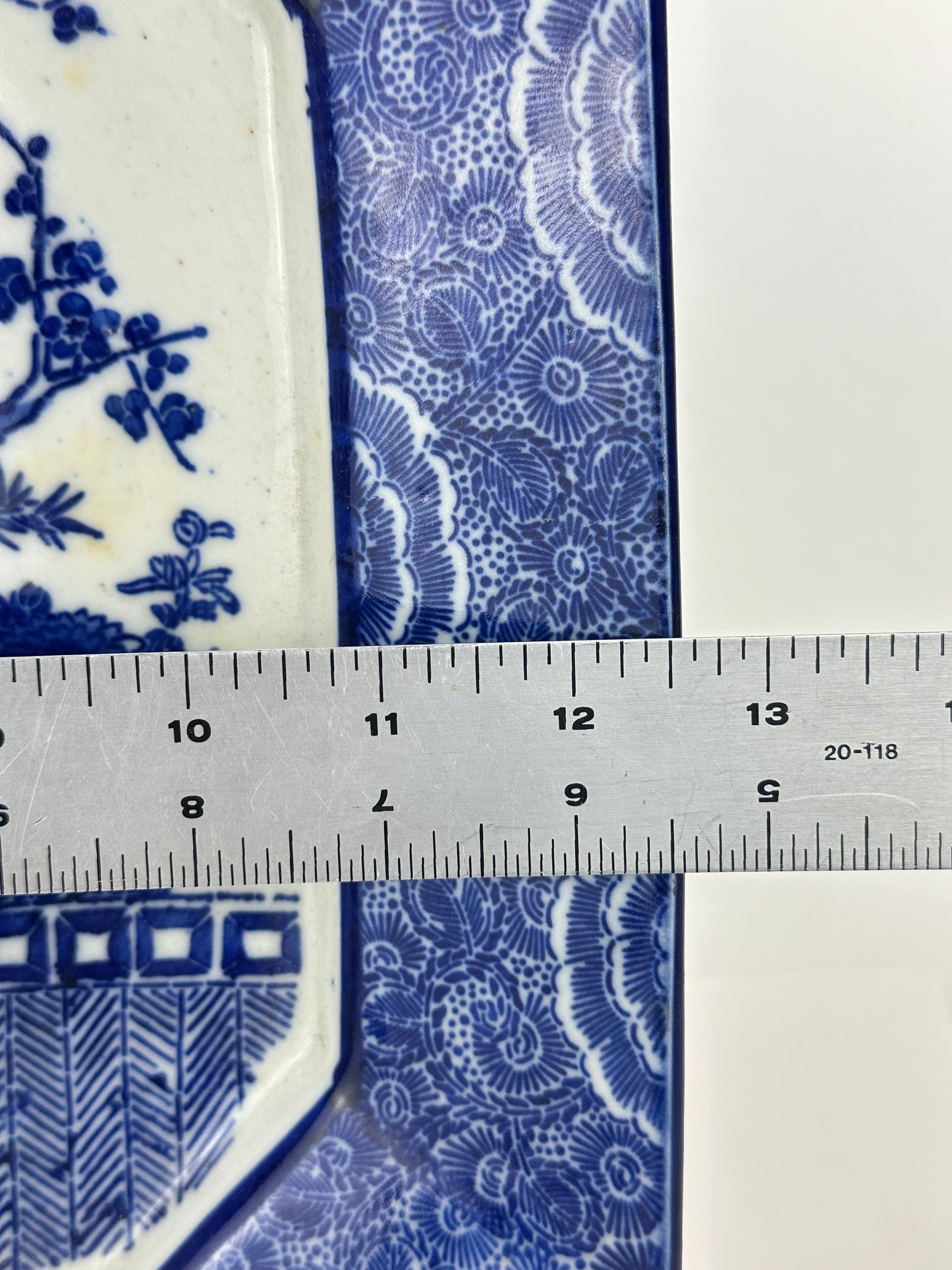 Antique Japanese 19th Century Imari Octagonal Blue & White Landscape Plate 12.5"W