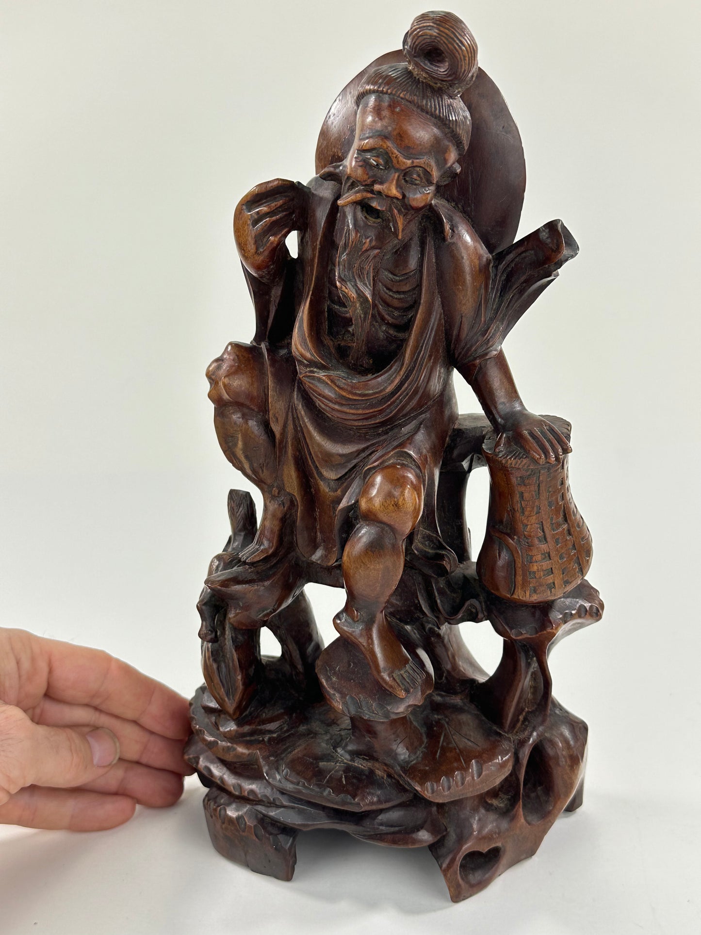 Antique Chinese Carved Wooden Statue of Shoulao 12”