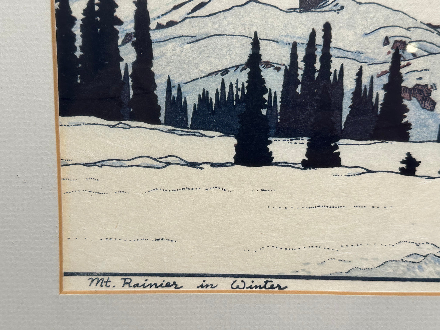 Toshi Yoshida Woodblock Print Mt Rainier in Winter 1972 in Frame