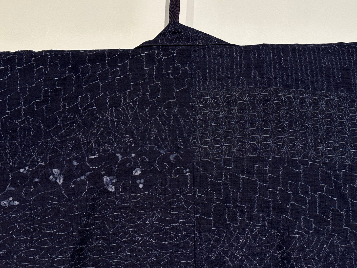 Japanese Tsumugi Ojiya Silk Kimono Hand Spun Dark Blue Asanoha