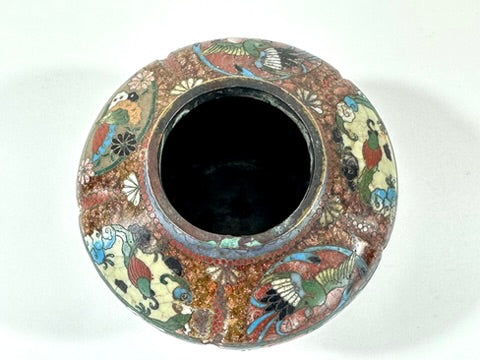 Japanese Meiji Cloisonne Shippo Vase Phoenix Floral Three Feet Red Brown 3"H
