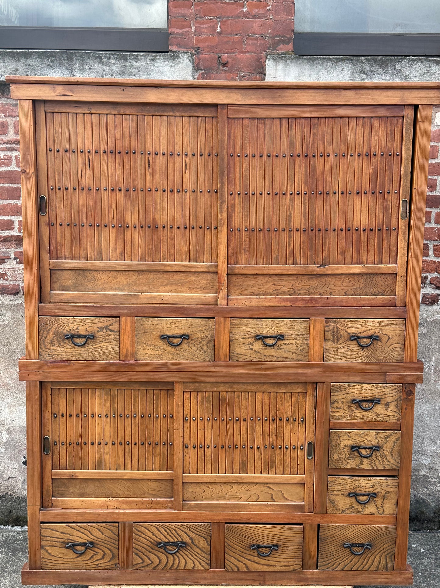 Antique Japanese Keyaki Sugi Merchant Tansu Sliding Door Cabinet Meiji 54"W