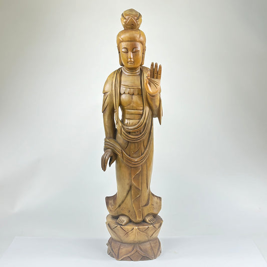Vintage Japanese Hand Carved Statue of Quan-Yin Kannon Wood 11"
