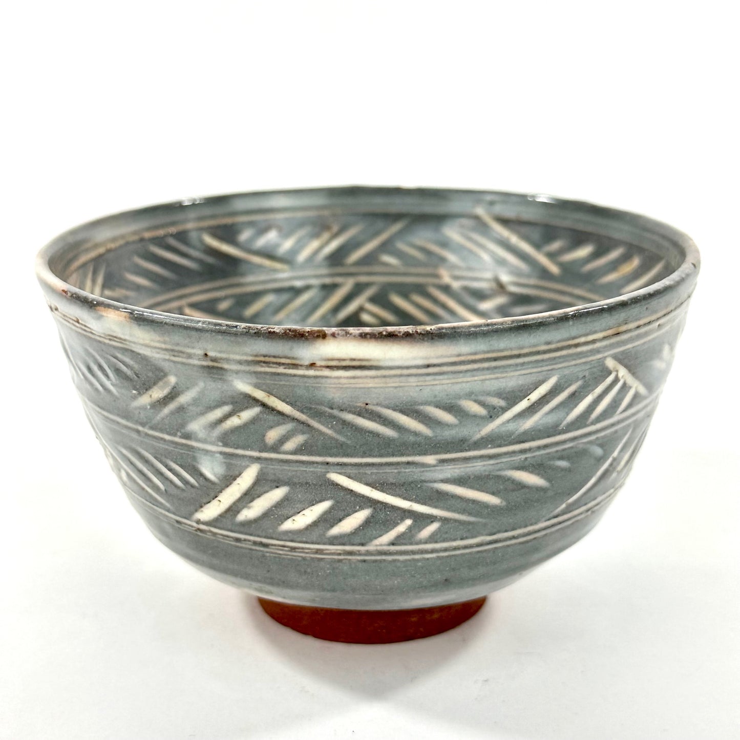 Japanese Tokoname Style Stoneware Chawan  Mishima Decoration W/ Grey Glaze Over White Slip Red Terracotta