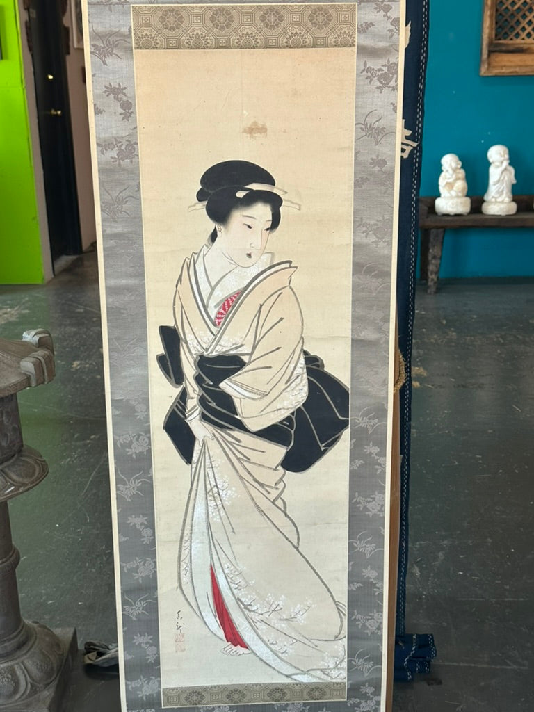 Antique Japanese Kakejiku Bijin-ga Beauty Spider Web Kimono Meiji Taisho Scroll 72"L