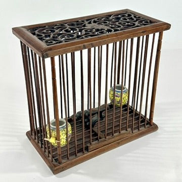 Chinese Hardwood Bamboo Birdcage Famille Jaune Porcelain Pots Carved Fretwork Lid Late Qing 8.5"