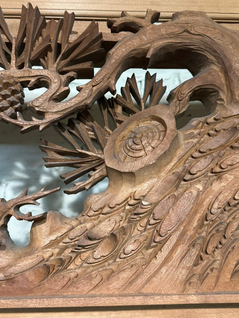 Japanese Inami Chokoku Sugi Wood Ranma Transom Carved Pine Tree Signed Kohō Taisho Showa 72"L