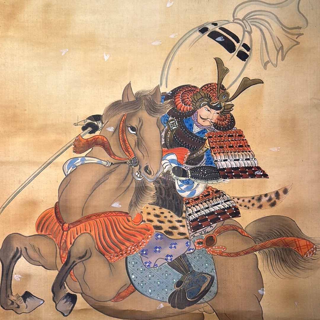 Japanese Scroll Hand Painted on Silk Taisho Era Samurai on Horseback 71"