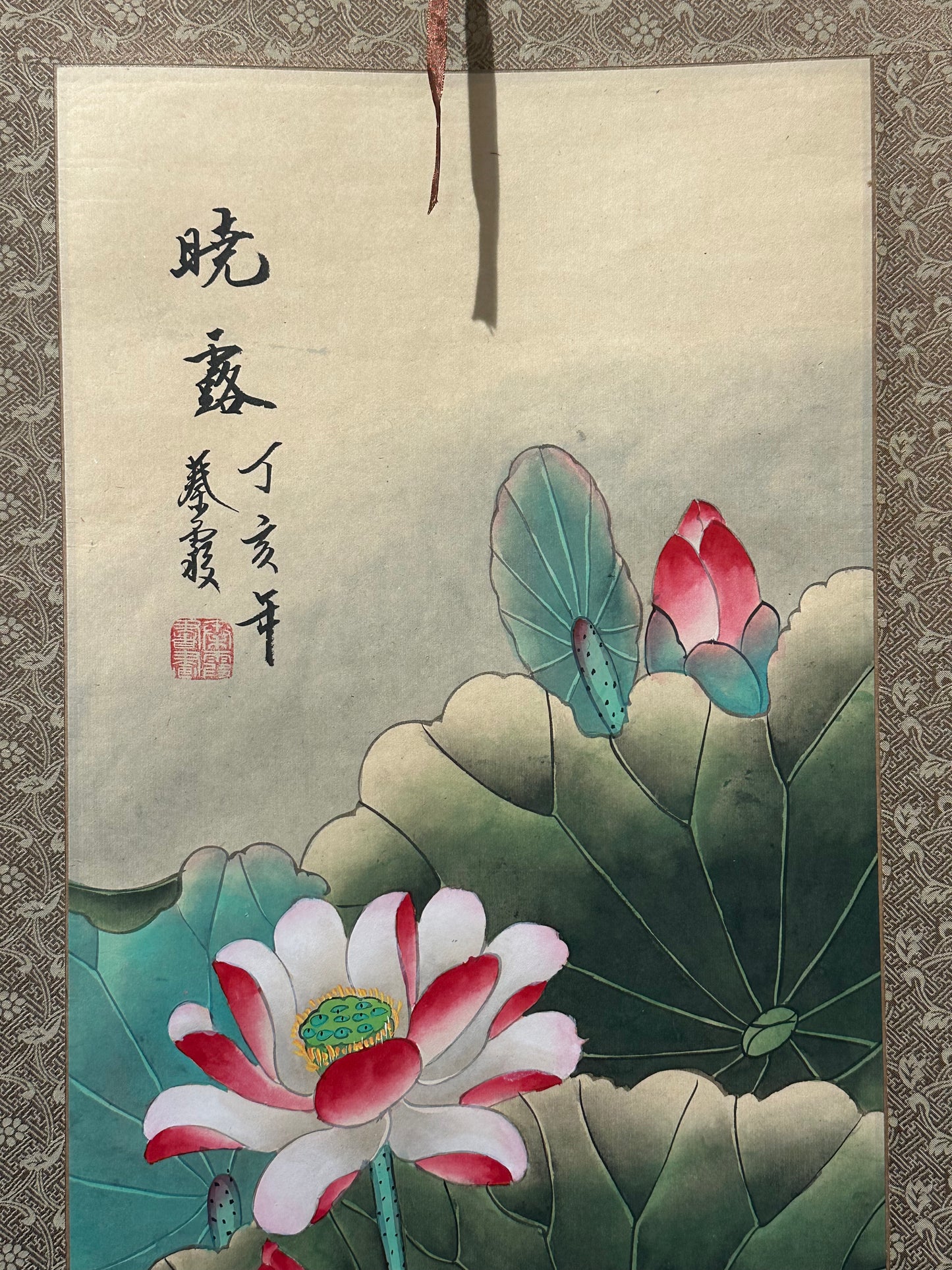 Vintage Chinese Hanging Scroll Painting Egrets and Lotus Signed c1947 63"H
