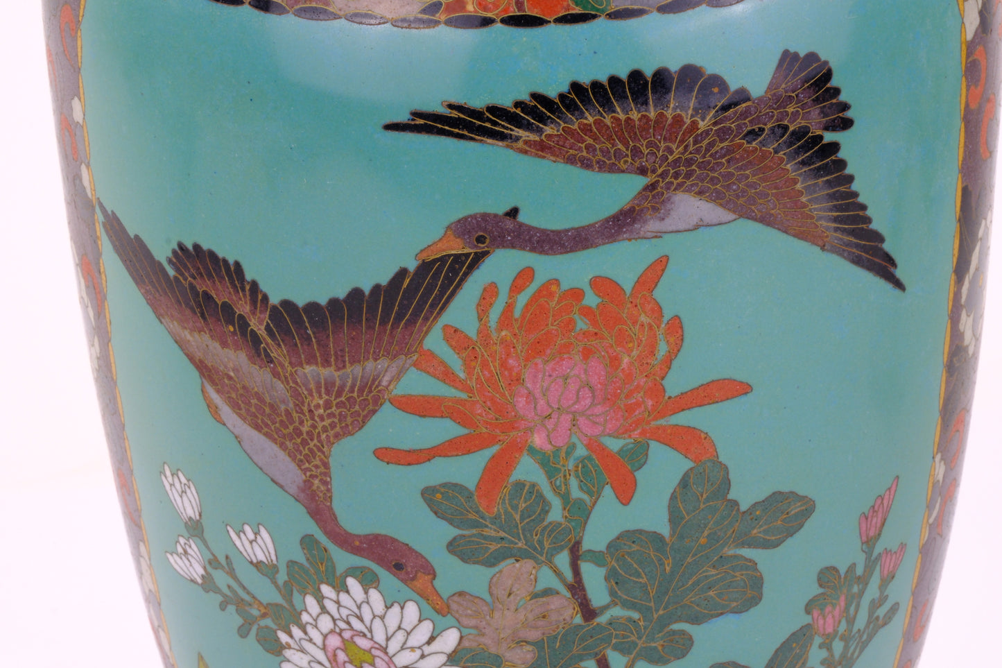 Antique Japanese Meiji Era (c1880) Cloisonné Vase Geese in Flight & Flowers 12”