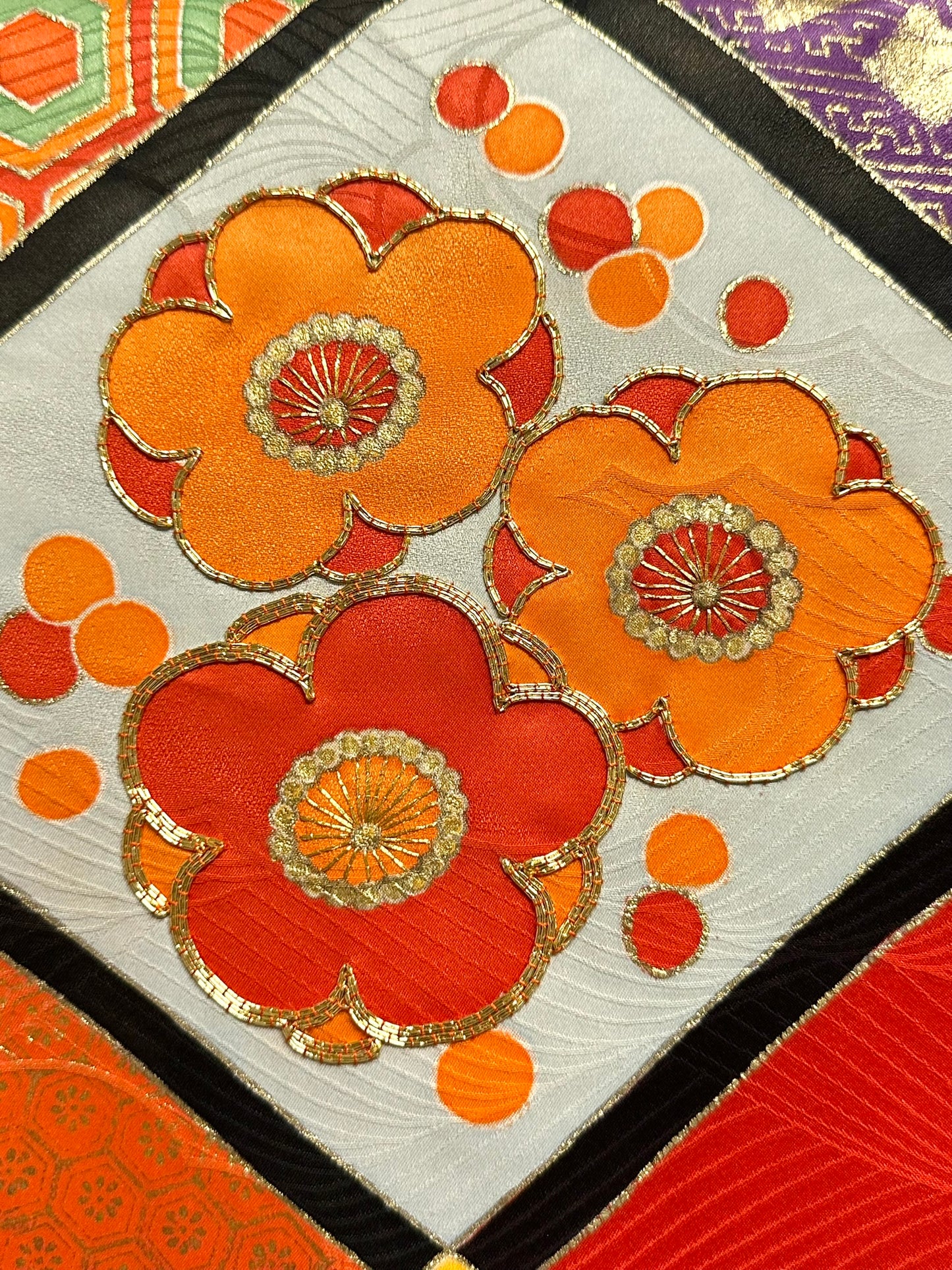 Vintage Japanese Silk Rinzu Kimono Hishi Diamond Floral Panels Showa Furisode