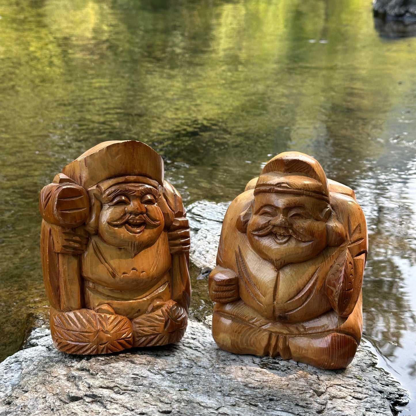 PAIR Japanese Wood Lucky Gods Ebisu & Daikokuji Pair
