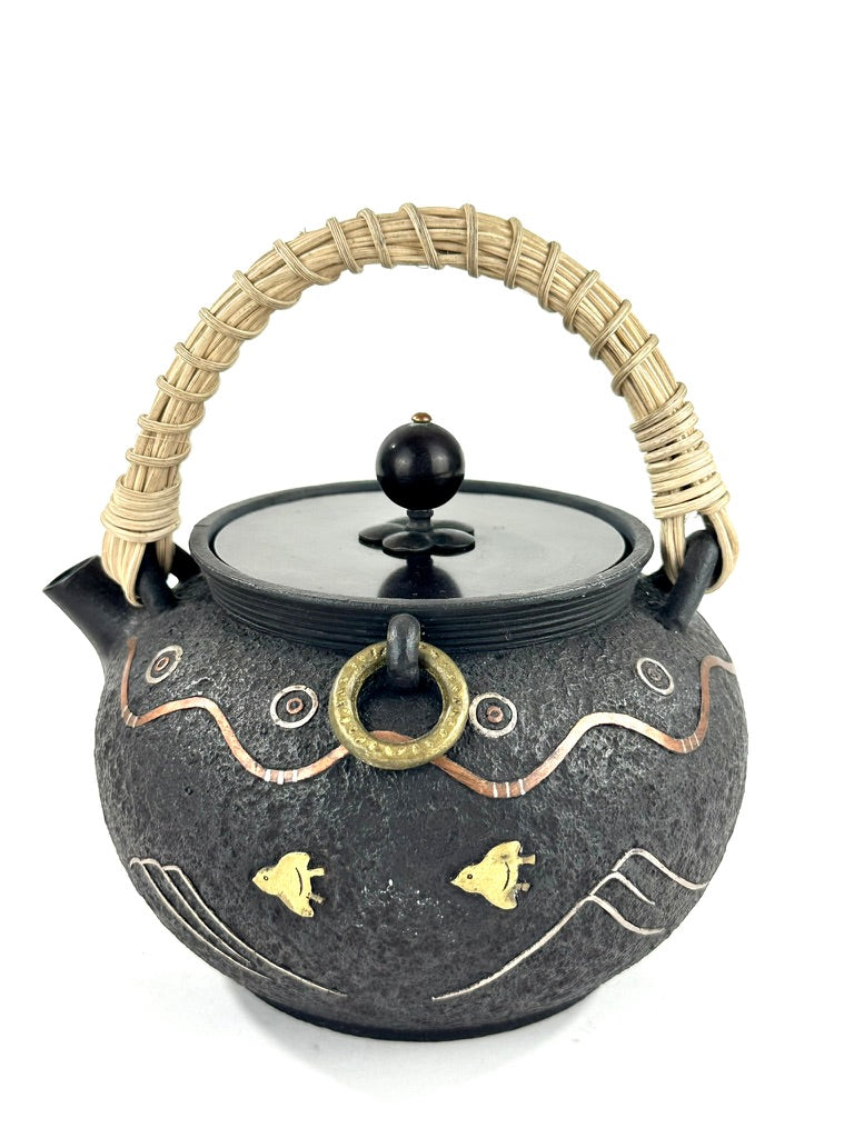 Vintage Japanese Signed Cast Iron Tetsubin Plover Wave Gold Silver Copper Inlay Showa 6.5"W LS#055