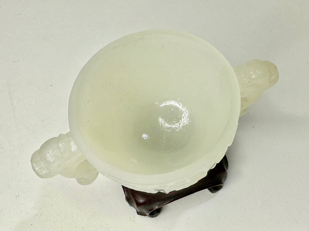 Antique Chinese Peking Glass Archaistic Censer Cup Taotie Chilong Handles Hardwood Stand 4"
