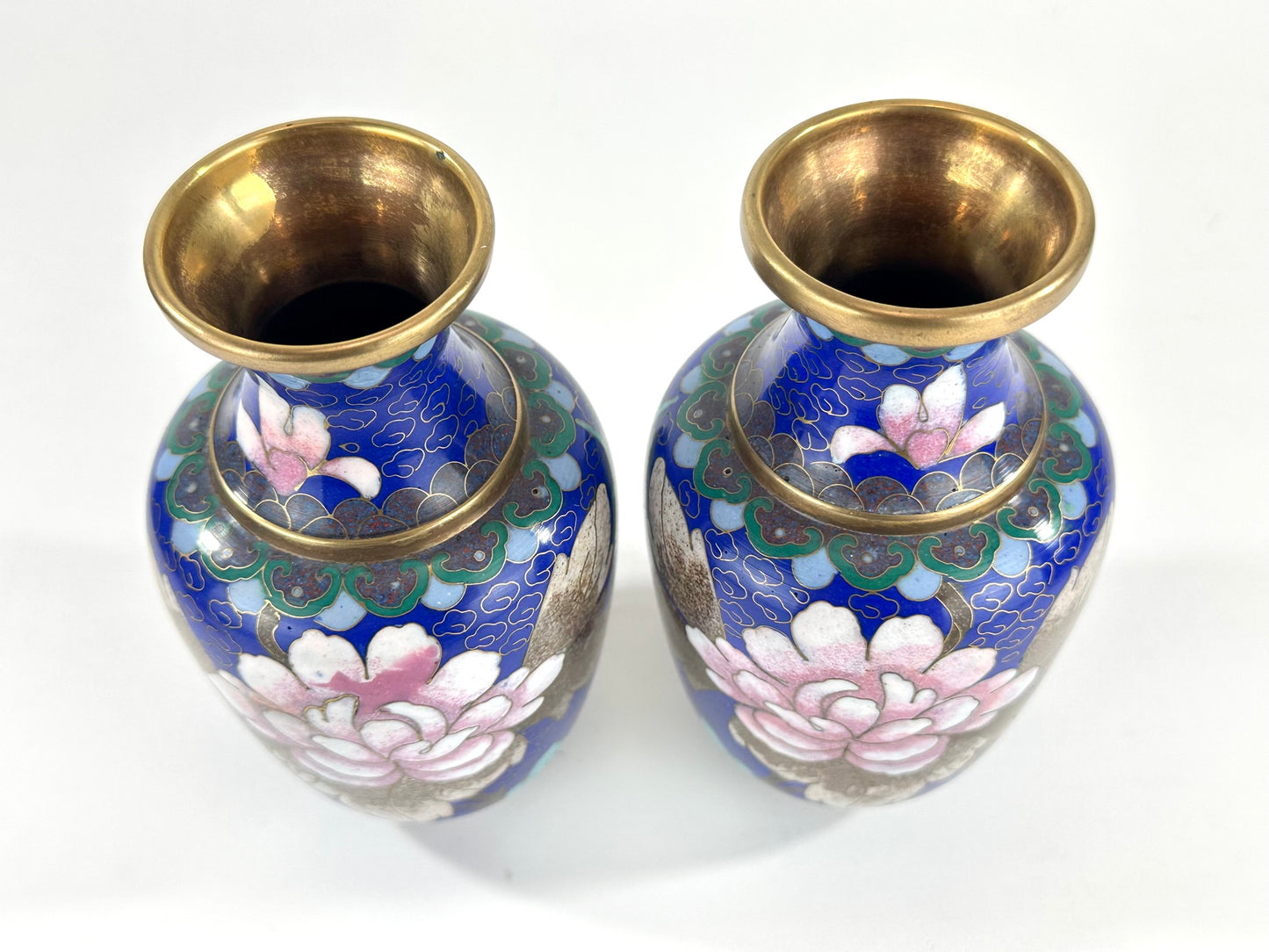 Chinese Republic Period Cloisonne Enamel Vase Pair Cobalt Blue Pink Peony 6"H