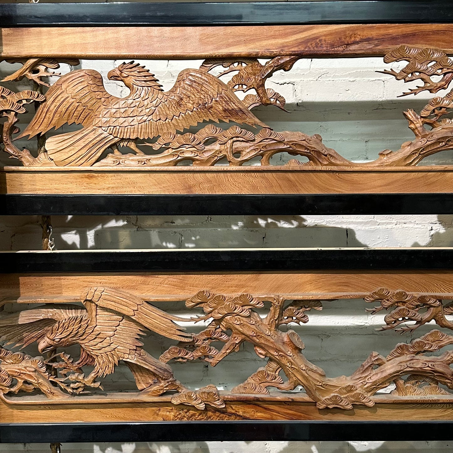 Vintage Japanese Ranma PAIR Eagles & Pines Carved Transom Screen Sugi Wood 73"