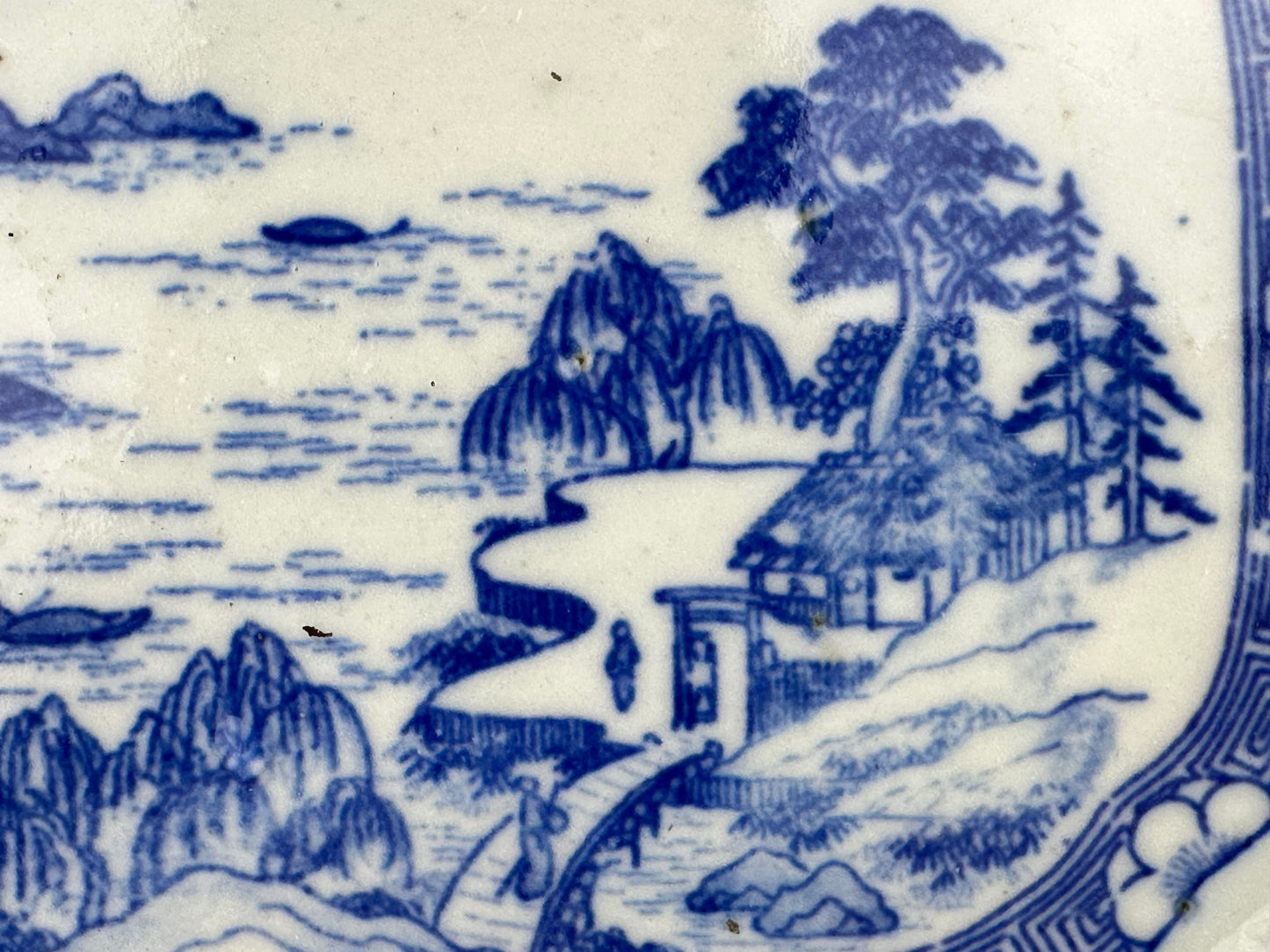 Antique Japanese Late Meiji c1910's Blue & White Porcelain Landscape Platter 10"W