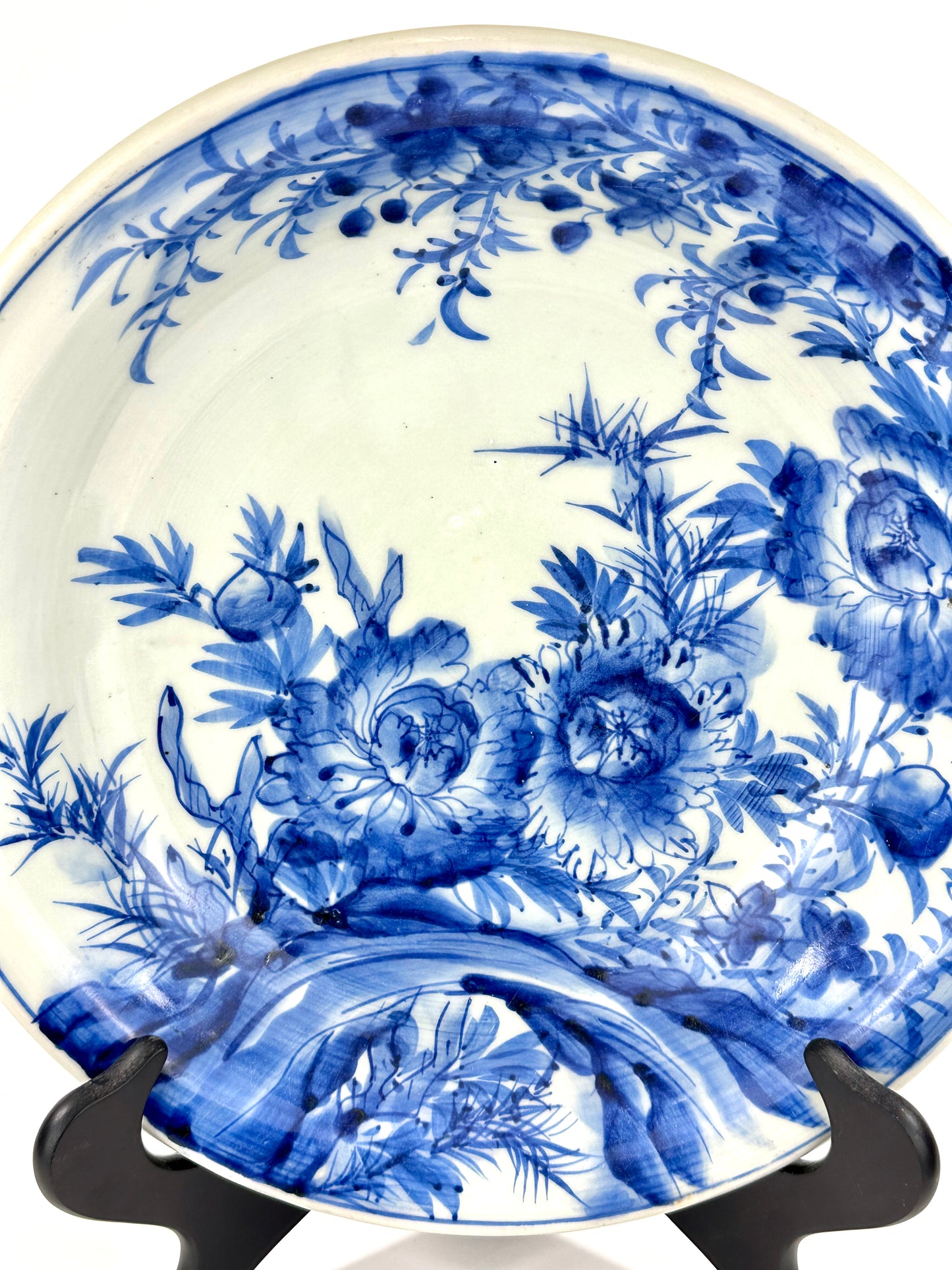 Antique Japanese Late Edo Period Imari Blue & White Porcelain Peony Bowl 12"W