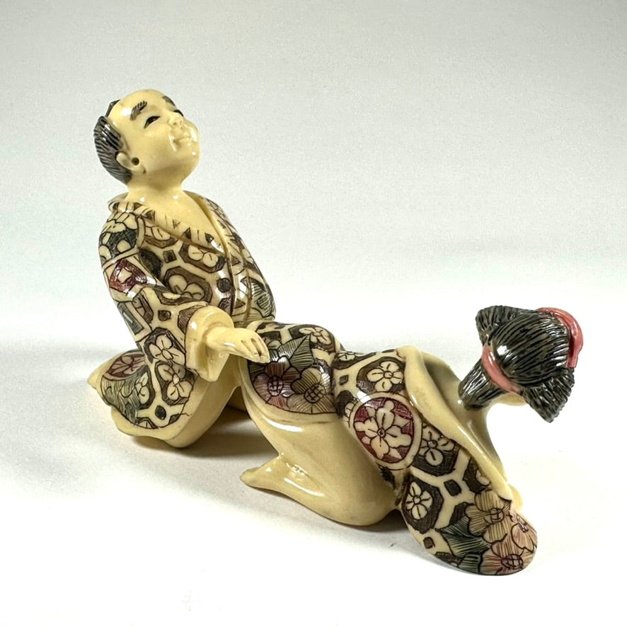 Vintage Japanese Shunga Erotic Figurine Couple Faux-Ivery Resin Hand Painted Showa e