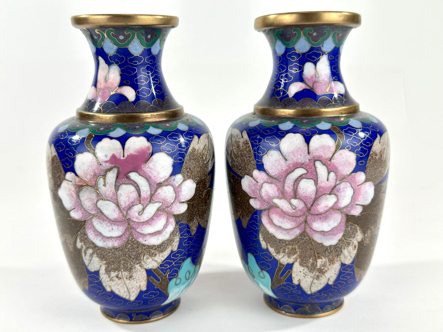 Chinese Republic Period Cloisonne Enamel Vase Pair Cobalt Blue Pink Peony 6"H
