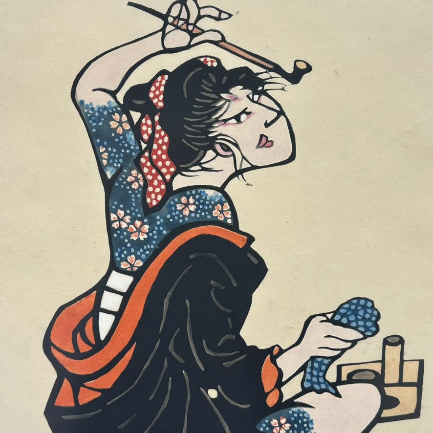 Vintage Japanese Kappazuri Print Yoshitoshi Mori Bijin with Kiseru Smoking Beauty 1984 Ed 31/90