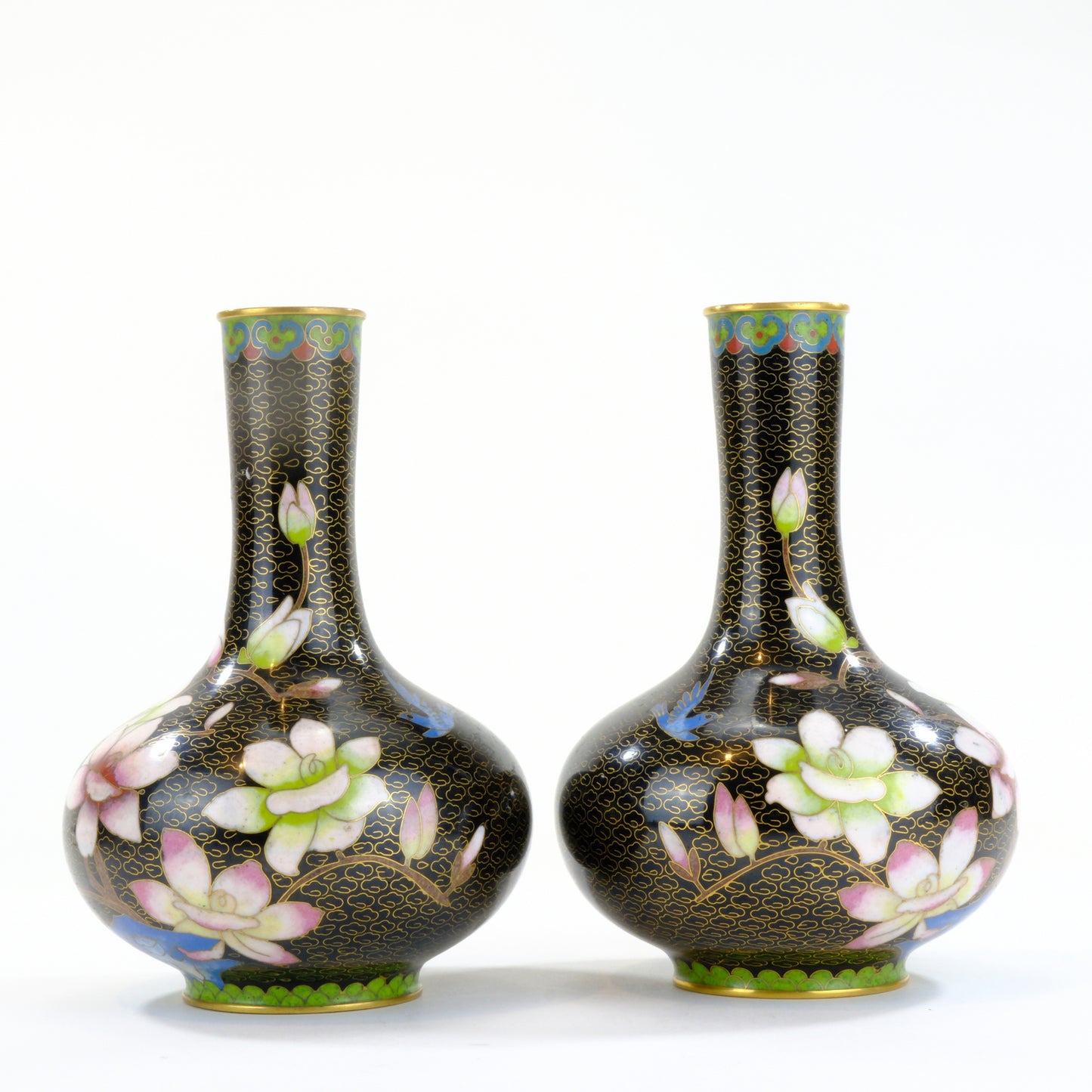 Pair of Antique Japanese Cloisonné Miniature Vases with Floral Decoration Meiji Period