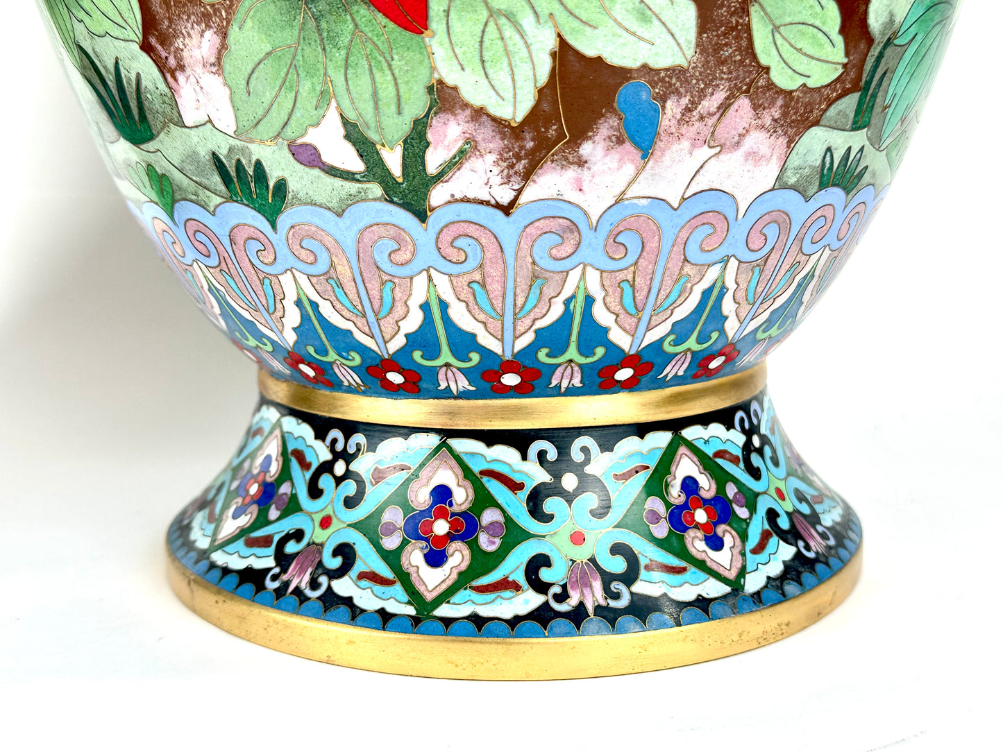 Vintage Chinese Cloisonne Vase Pair Black Ground Peony Pheasant Polychrome 20"H