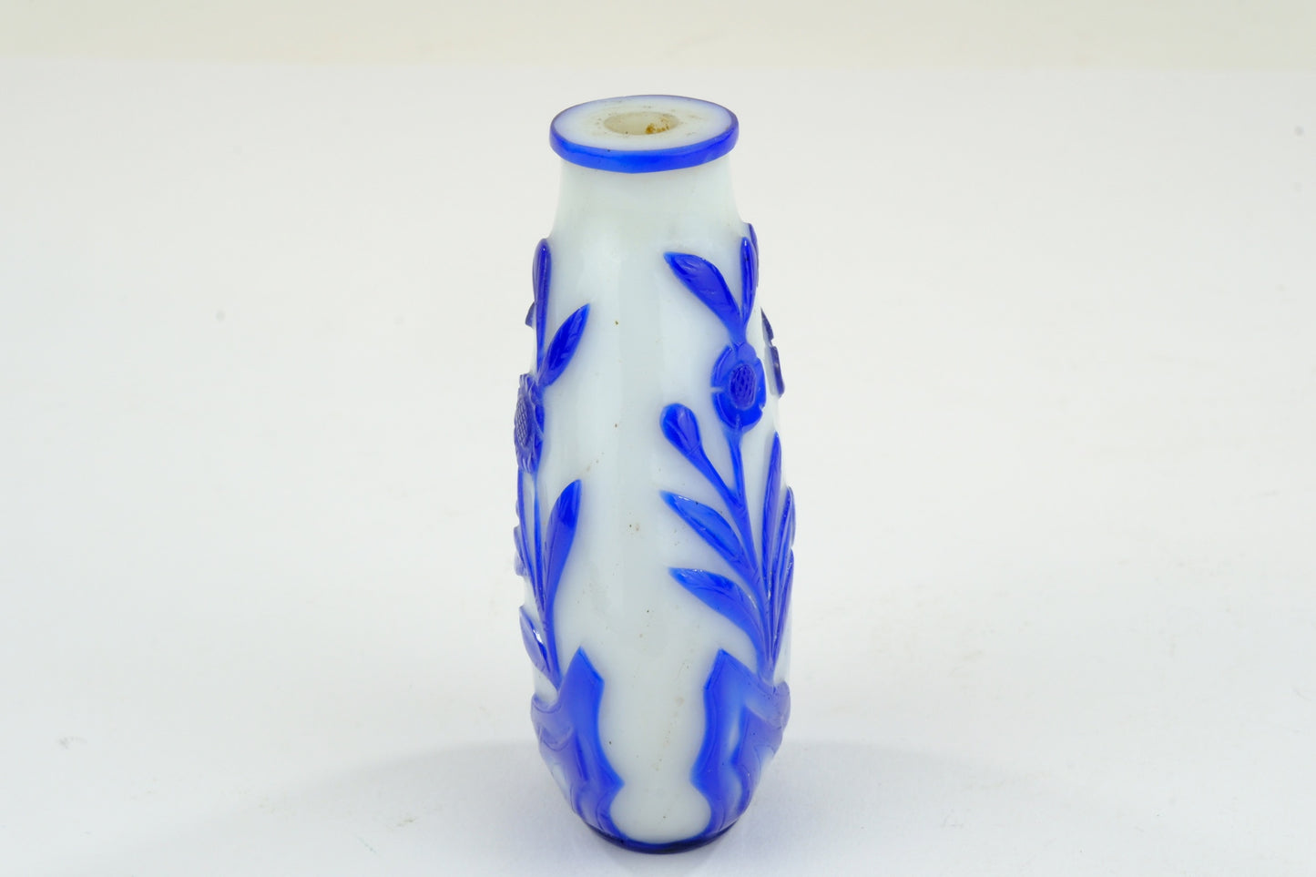 Chinese Blue Overlay Peking Glass Snuff Bottle Floral Botanical Carved ~3"