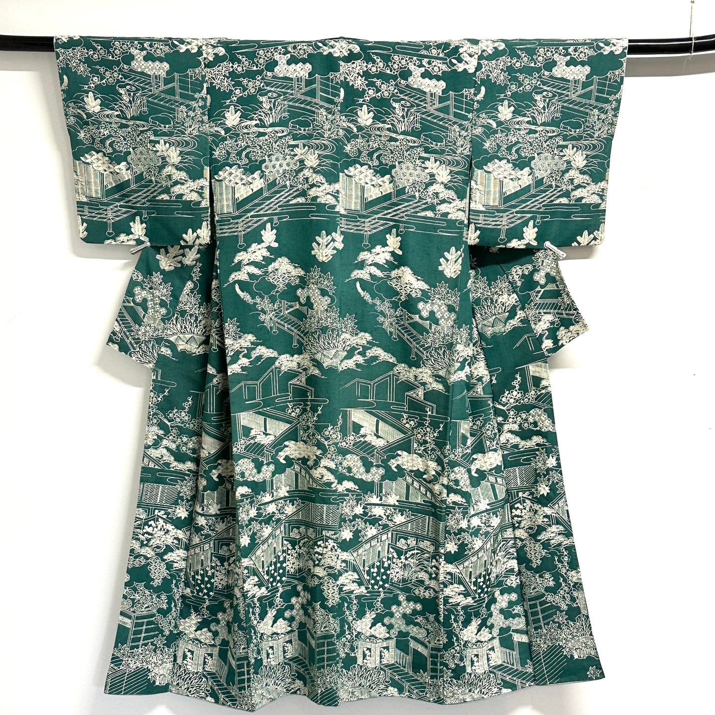 Vintage Japanese Silk Kimono Allover Garden Landscape Teien Crane Pine Teal Showa