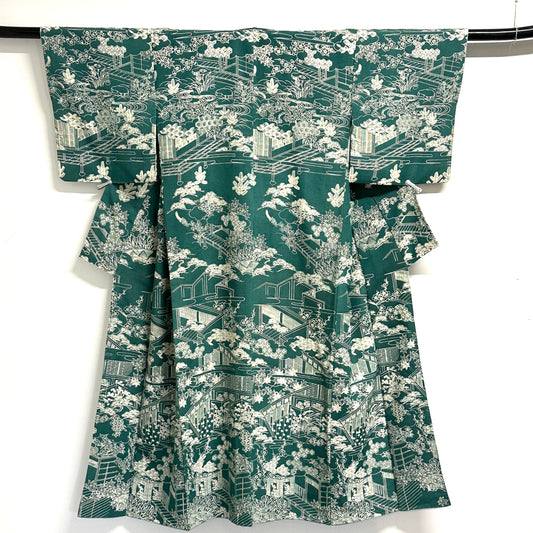 Vintage Japanese Silk Kimono Allover Garden Landscape Teien Crane Pine Teal Showa