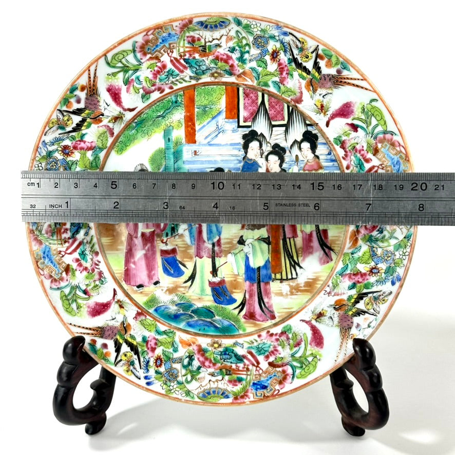 Antique Chinese Qing Famille Rose Canton Porcelain Plate Domestic Scene 8″W