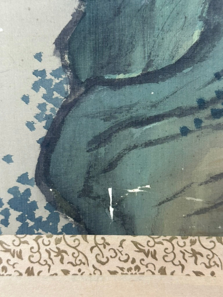 Antique Japanese Kakejiku Hanging Scroll Tiger on Cliff Nihonga Ink Color Signed 73"L